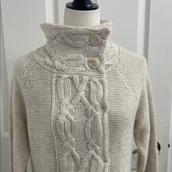 Elegant Cream Button-Up 3/4 Length Cardigan Mock Neck Collar Long Sleeves Sz S - Picture 2 of 13